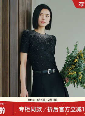 歌蒂诗2025秋专柜新款精致高级烫钻羊毛显瘦短款毛织衫 1F33Z0579