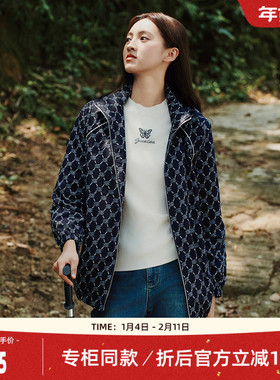 歌蒂诗秋季专柜新款经典藏蓝色印花立领薄款外套女 1E32W7203