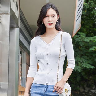 女8C14Z5590 优雅气质荷叶边V领冰丝针织衫 歌蒂诗秋季 专柜新款