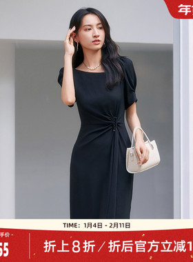 歌蒂诗夏专柜新款修身显瘦优雅性感开叉黑色连衣裙 8E21L3414