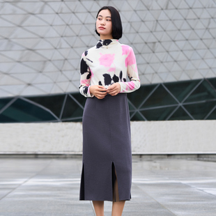 连衣裙 开叉拼接羊毛混纺扎染长袖 8D42L3122 个性 歌蒂诗冬专柜新款