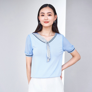 气质轻熟风丝巾领短袖 经典 Z针织T恤1C23Z1543 专柜新款 歌蒂诗夏季