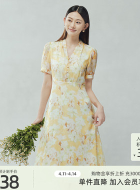 歌蒂诗夏季专柜新款经典碎花气质v领收腰显瘦连衣裙3F26L2285