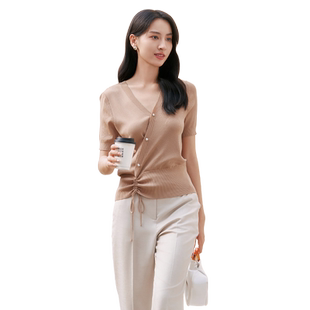 歌蒂诗夏专柜新款简约气质休闲交叉设计感针织短袖 8E22Z1519