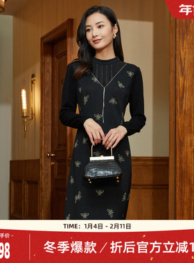 歌蒂诗冬专柜新款时尚气质毛呢修身显瘦V领拼接连衣裙1B41L3009A