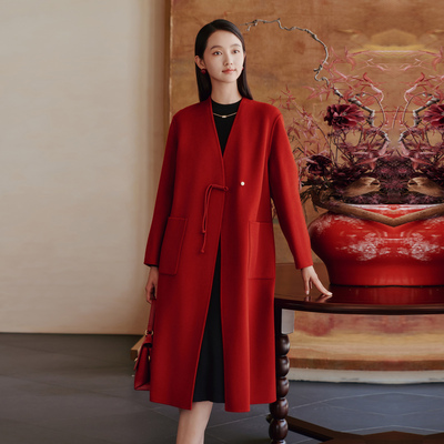 【绵羊毛+羊绒】歌蒂诗冬季专柜新款气质红色新中式大衣1E41D3723