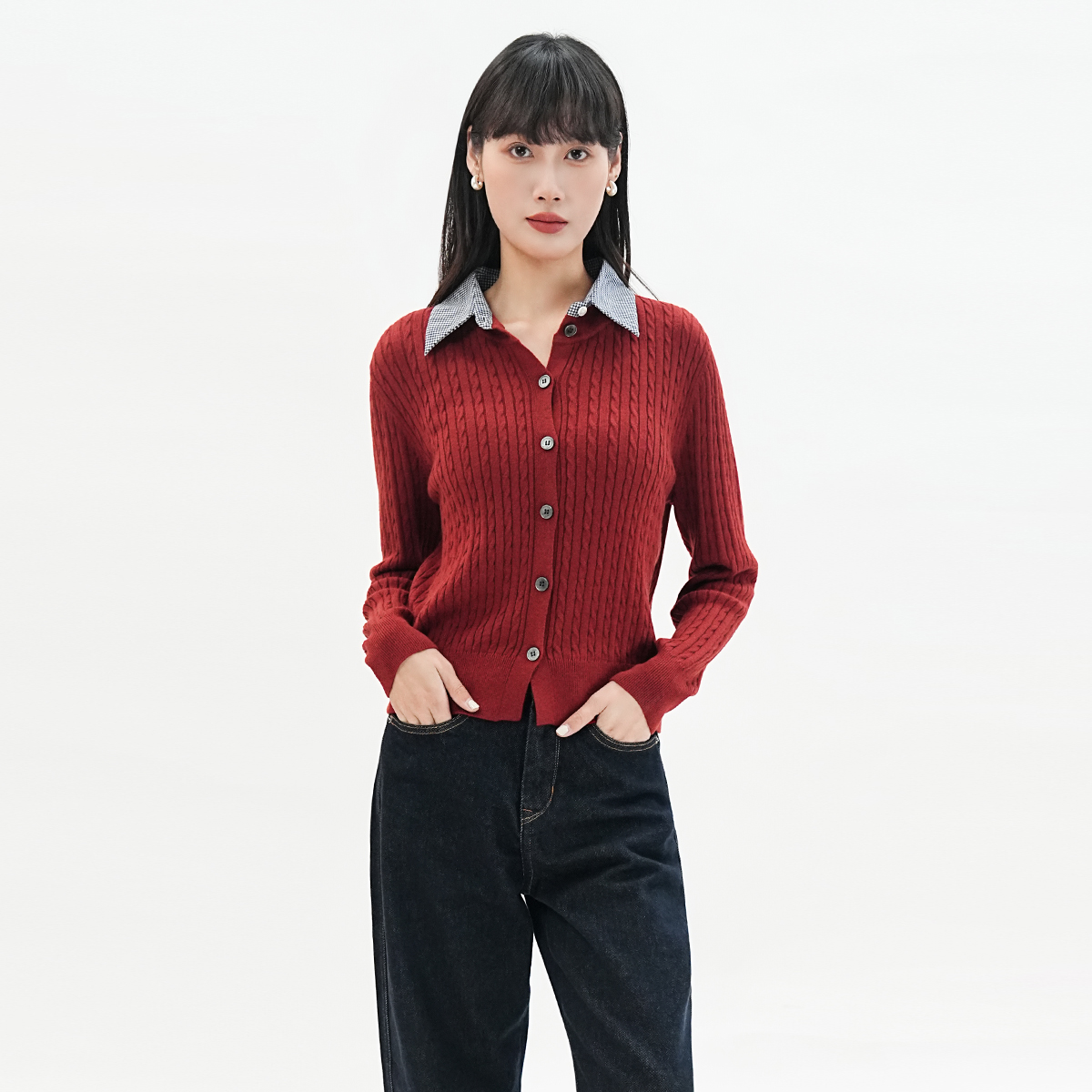 歌蒂诗2025秋季新款时尚简约假两件衬衫领针织开衫外套3F11Z1751A