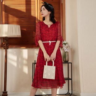 蕾丝连衣裙女v领镂空网纱袖 中长款 1B24L3888 新款 歌蒂诗夏季