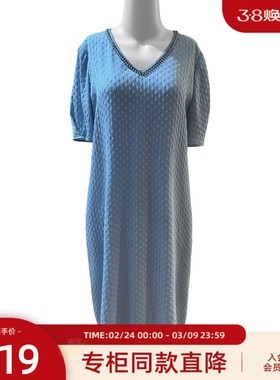 歌蒂诗夏季专柜新款经典桃心领桑蚕丝浅蓝色连衣裙 1F23L2579
