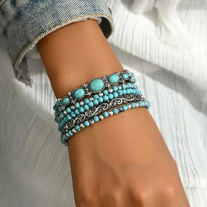 跨境 Women Bracelets 牛仔风格人造绿松石系列时尚弹性串珠松石