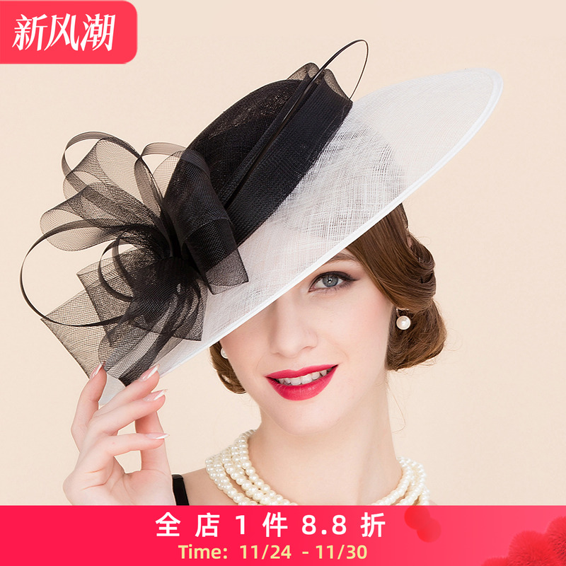 时尚风麻纱黑白撞色蝴蝶结小礼帽