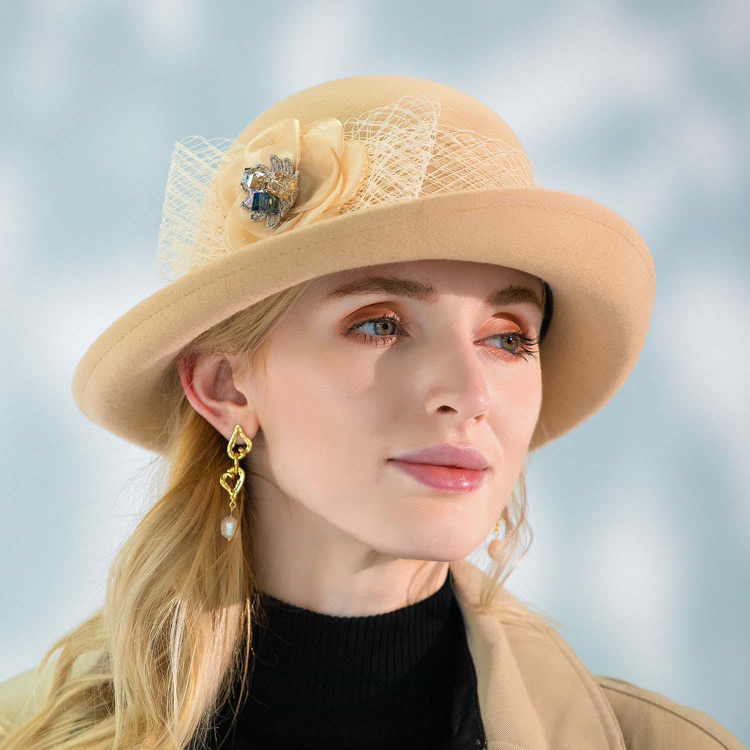 EE秋冬出游优雅蕾丝花卉羊毛礼帽