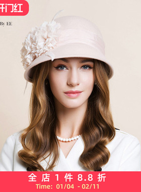 EE帽子女秋冬天小礼帽潮 英伦时尚羊毛呢帽 韩国花朵冬季圆顶礼帽