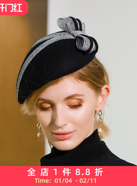 EE冬季新款英伦小礼帽时尚羊毛呢子帽复古名媛黑色帽子女秋冬