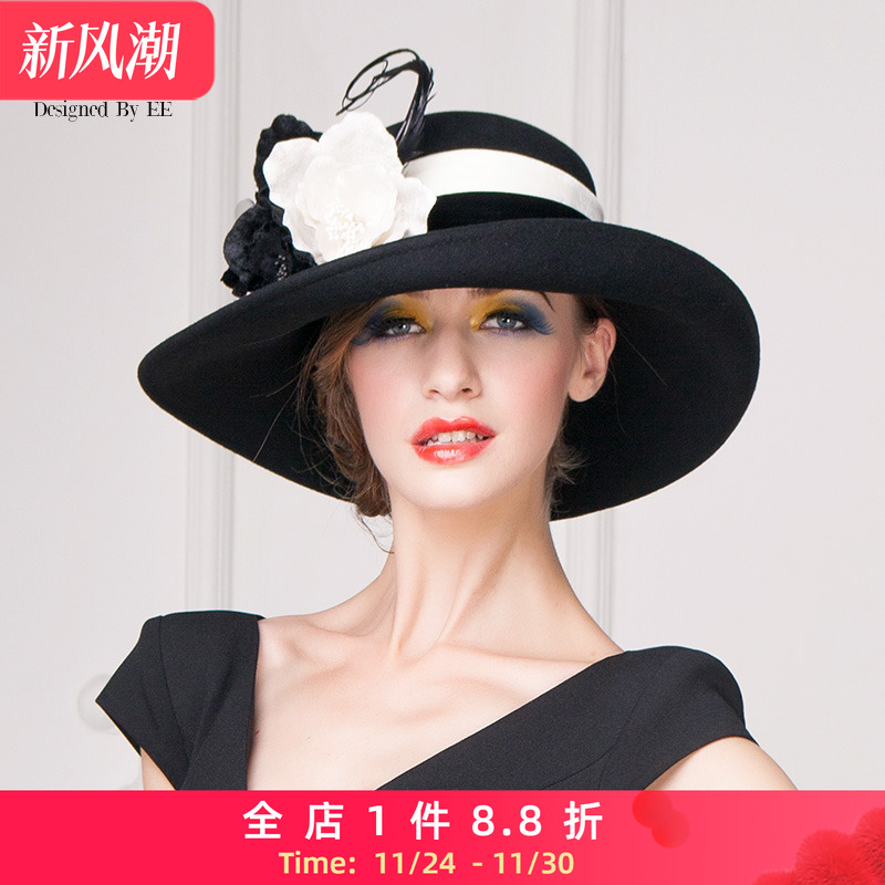 优雅风出游礼帽黑色毛呢花朵大檐