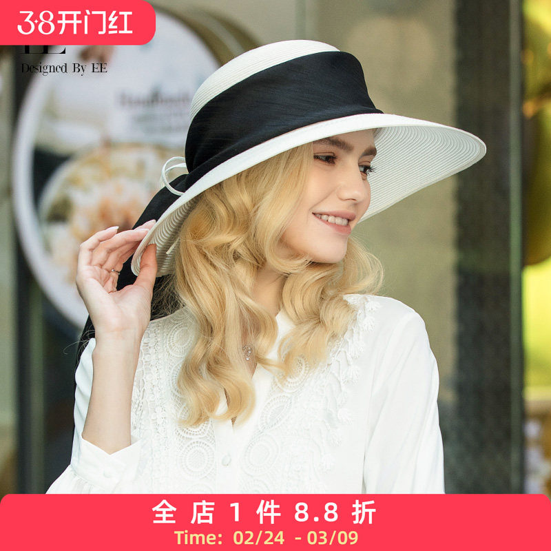 EE【草帽】圆顶大檐蝴蝶结优雅范帽子女时尚出游防紫外线帽子7077