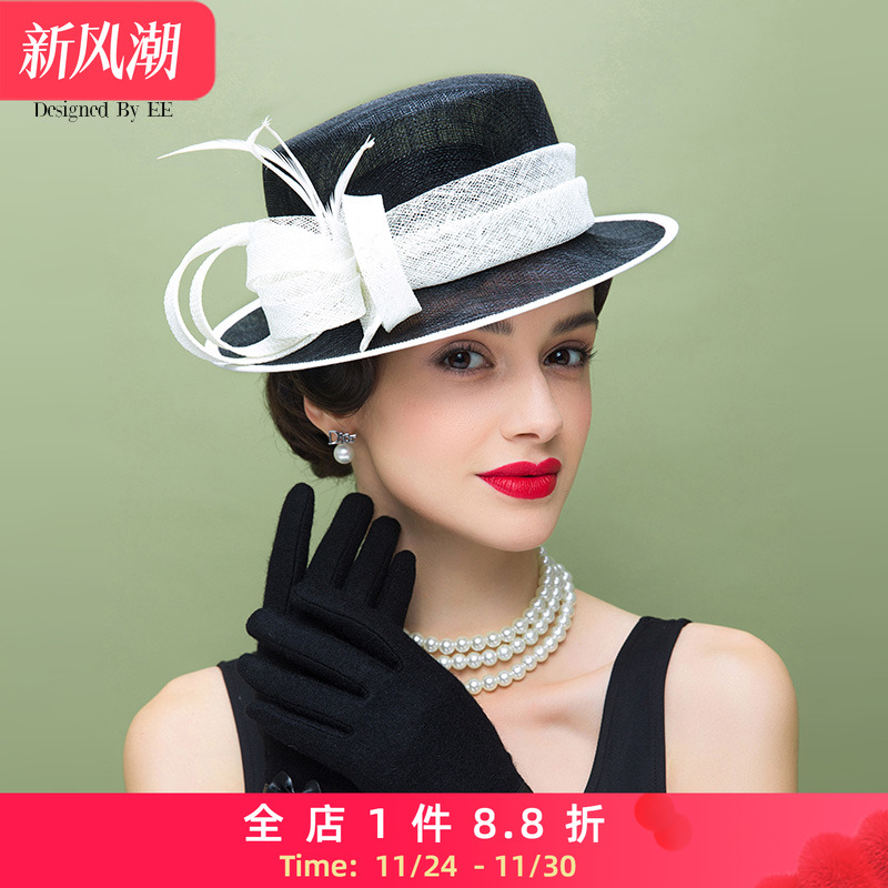 EE春夏时尚麻纱小礼帽黑白撞色女