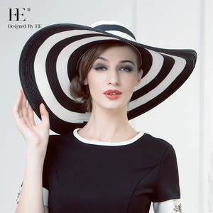 草帽女夏天沙滩遮阳防晒防紫外线大沿帽子黑白条纹休闲撞色太阳帽
