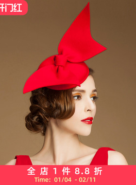 EE帽子女冬天英伦蝴蝶结羊毛小礼帽韩版潮秋冬宴会帽女款红色装饰