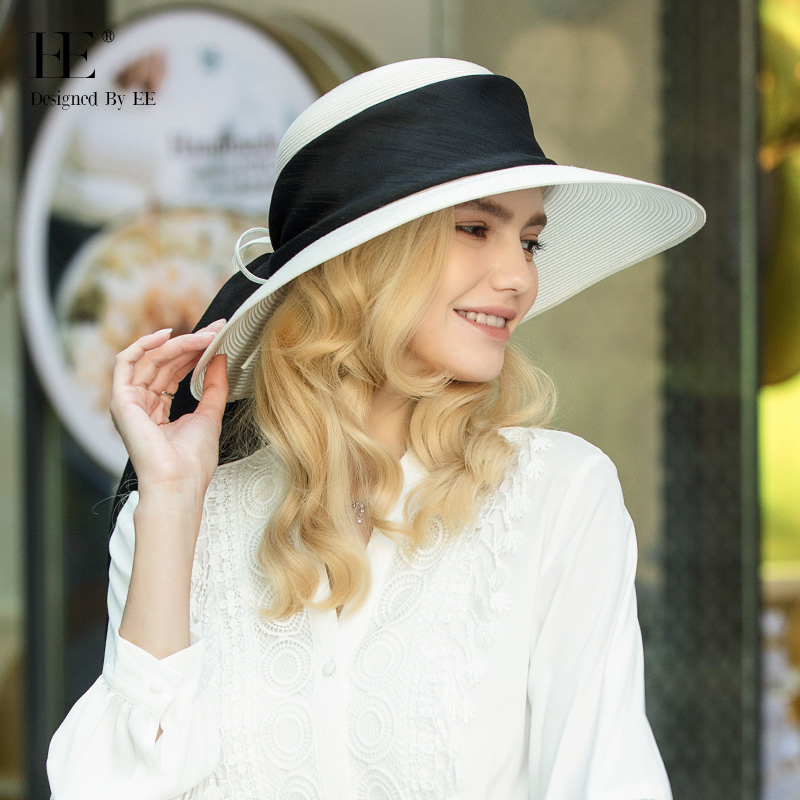 EE【草帽】圆顶大檐蝴蝶结优雅范帽子女时尚出游防紫外线帽子7077
