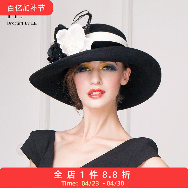 EE秋冬优雅出游礼帽女黑色毛呢帽子百搭英伦大檐花朵呢帽羊毛毡帽