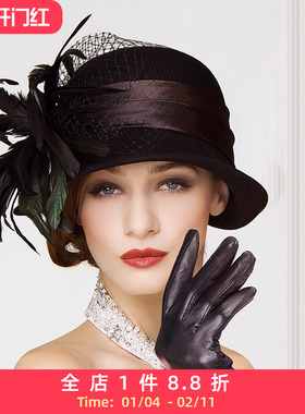 EE 秋冬时尚羊毛礼帽 羽毛水钻圆顶保暖呢子帽 原创设计女士帽子