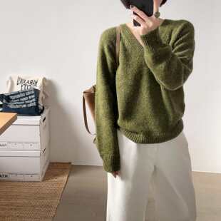 【小喵】韩代26ss 超洋气慵懒复古林木绿V领宽松显瘦百搭软糯毛衣
