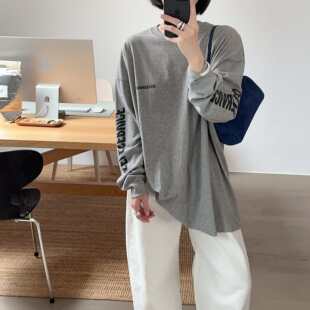 小喵 长袖 韩代26ss oversize纯色字母宽松显瘦中长款 T恤 时尚