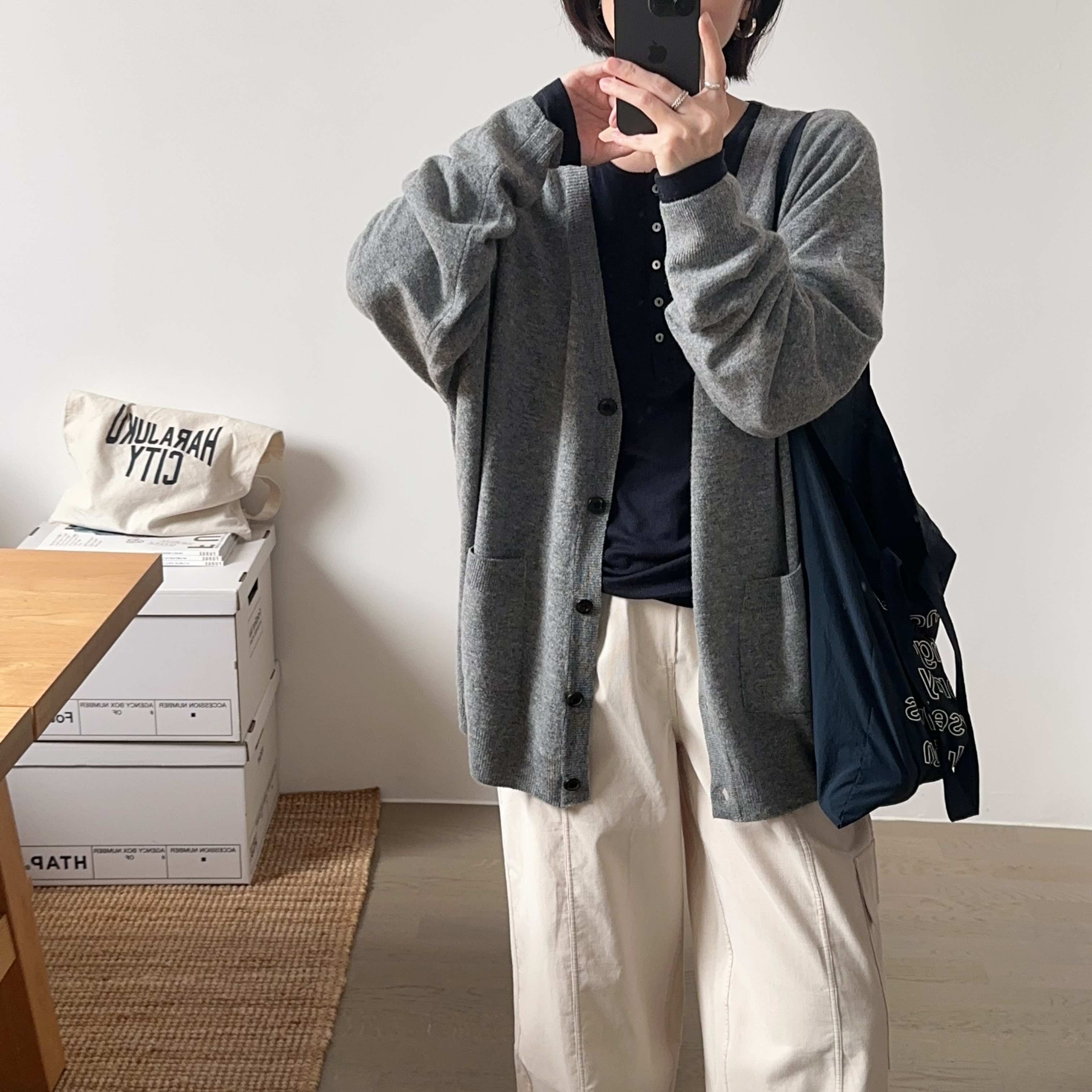 【小喵】韩代25fw 慵懒纯色V领宽松显瘦百搭中长款羊毛针织开衫