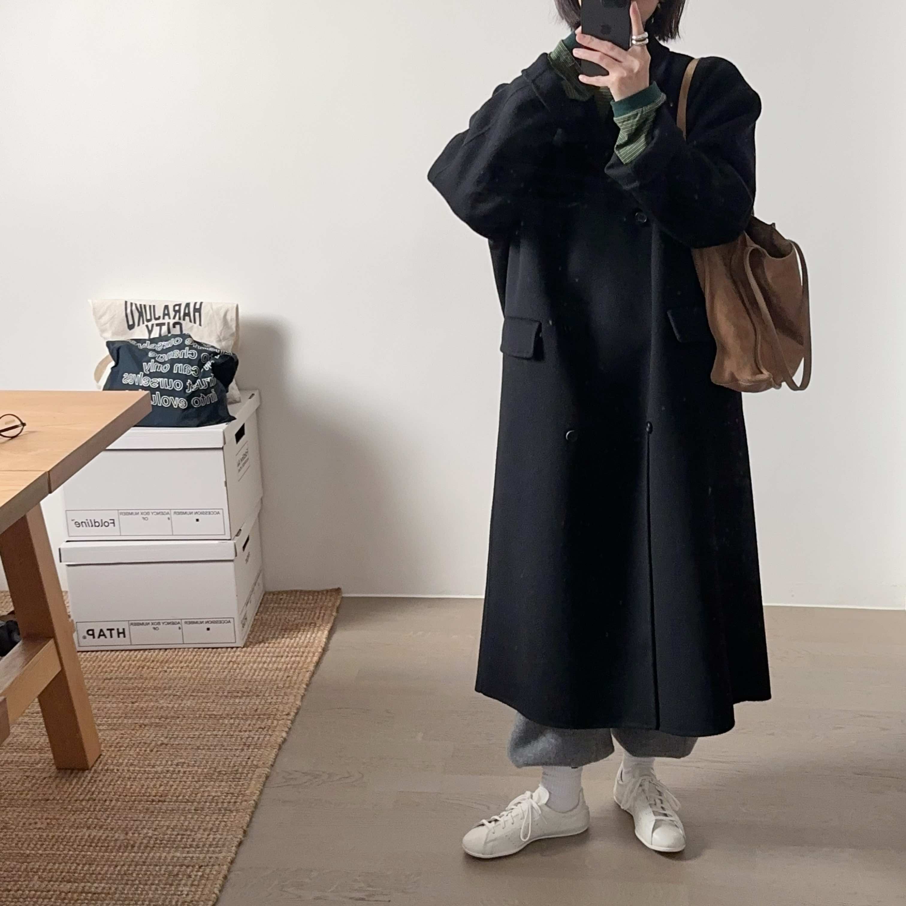 韩代25fw极简黑色双排扣羊毛大衣