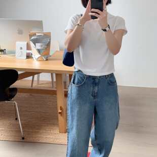 减龄水洗磨边圆领宽松显瘦百搭短袖 时尚 韩代26ss T恤2色 小喵