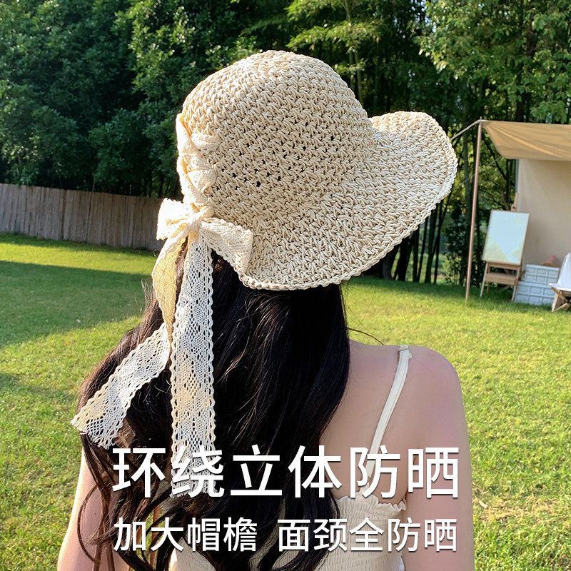 镂空飘带草帽女夏季海边度假草编遮阳防晒帽日系沙滩甜美太阳帽子