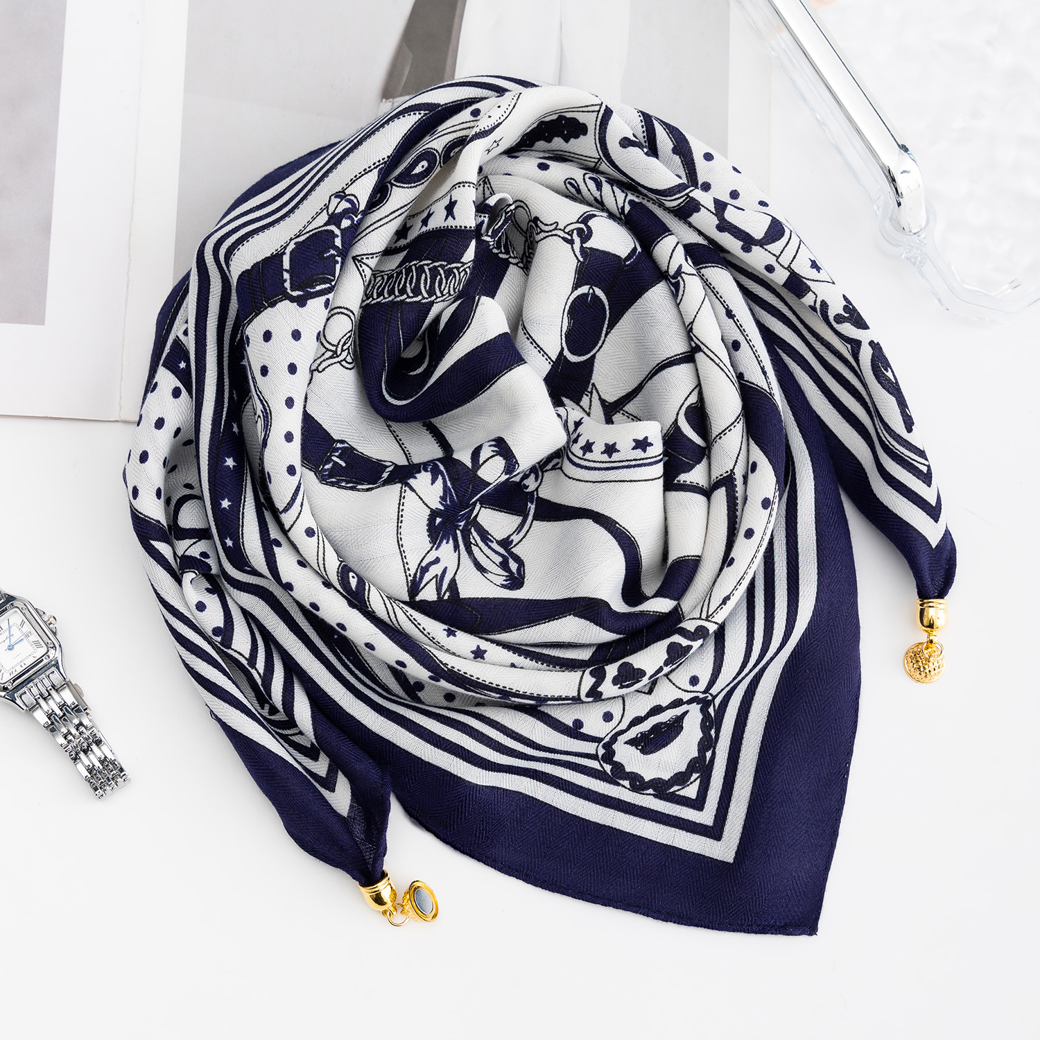 磁吸扣棉麻小方巾丝巾女春秋百搭