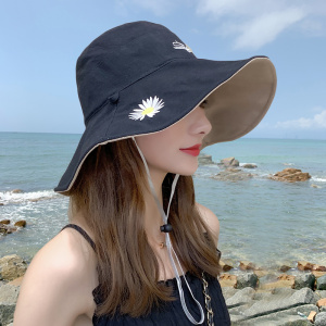 夏天小雏菊渔夫帽女韩版潮百搭大沿帽遮脸双面防晒紫外线遮阳帽子