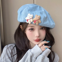 Джинсовый милый универсальный берет, милая шапка, с медвежатами, в корейском стиле, популярно в интернете