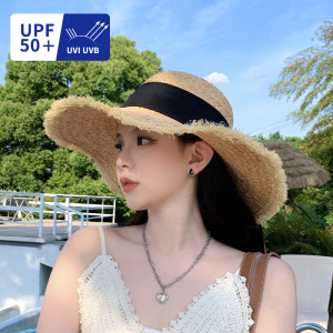 草帽ins韩版系带镂空草编帽女夏出游防晒沙滩太阳帽蕾丝边遮阳帽