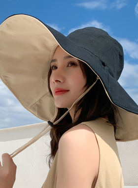 防晒渔夫帽女遮脸遮阳加大檐韩版简约黑色女士双面戴日系太阳帽子
