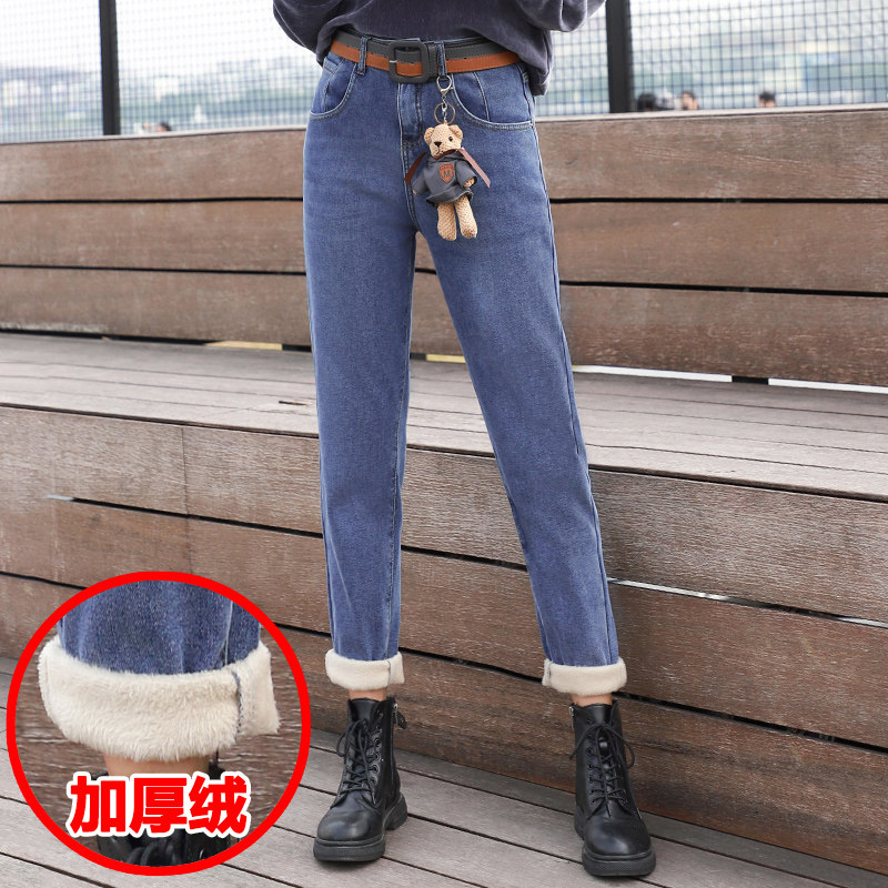 冬浅蓝色加厚加绒女牛仔老爹跨裤