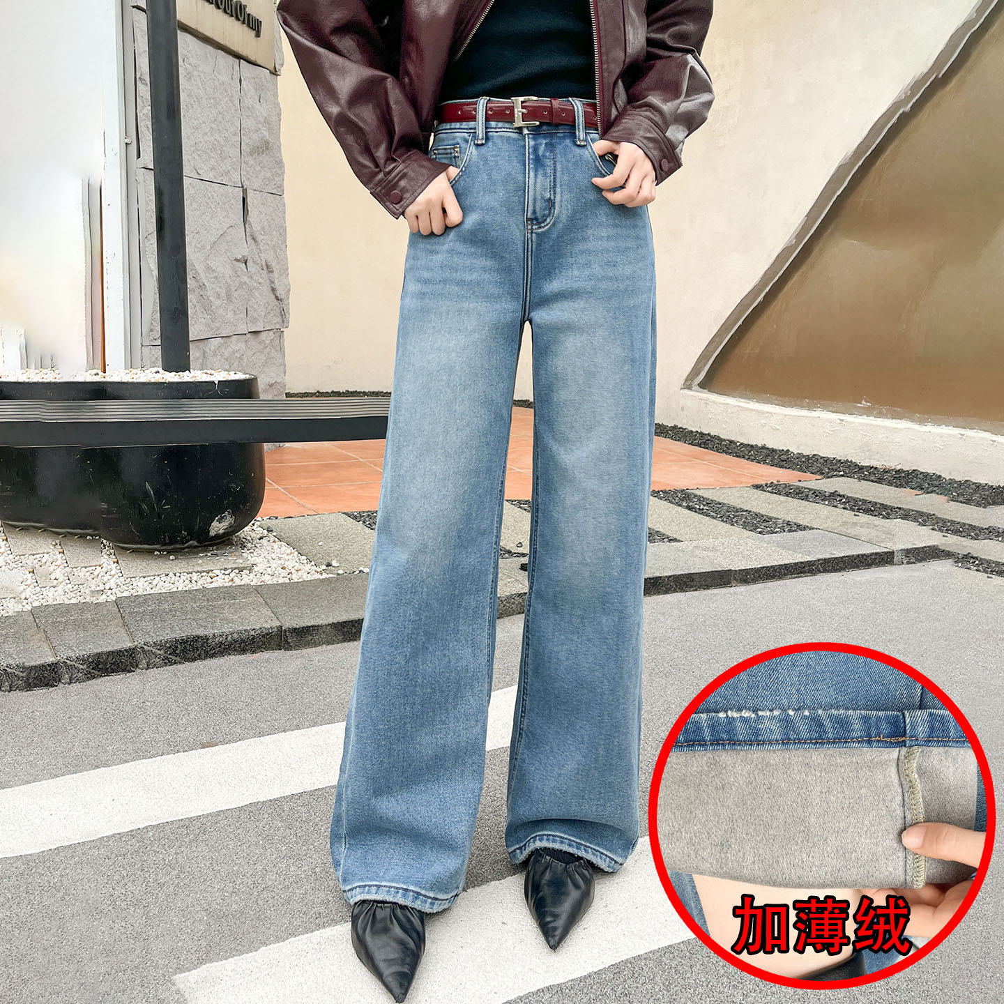 秋冬加厚植绒底女牛仔直筒阔腿裤