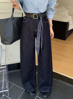 2025秋新款jeans千子35352欧货普洗黑色高腰宽松女牛仔直筒阔腿裤