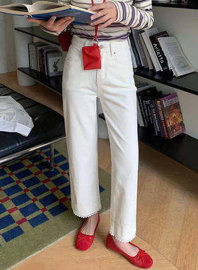 2025夏季新款JEANS阿凡牛A3996蕾丝花边九分女牛仔窄版直筒阔腿裤