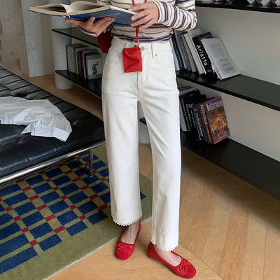 夏蕾丝花边窄版九分女牛仔阔腿裤