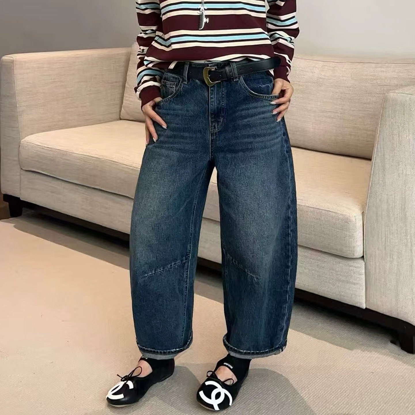 2026秋新款Jeans阿凡牛A5776蓝色显瘦分割线女牛仔直筒阔腿弯刀裤