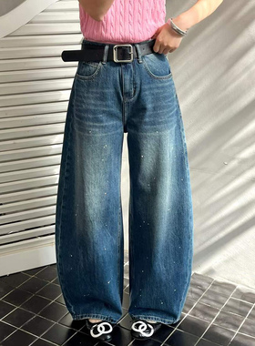 2026春新款Jeans阿凡牛A5522宽松显瘦弯刀裤漆点女牛仔筒裤香蕉裤