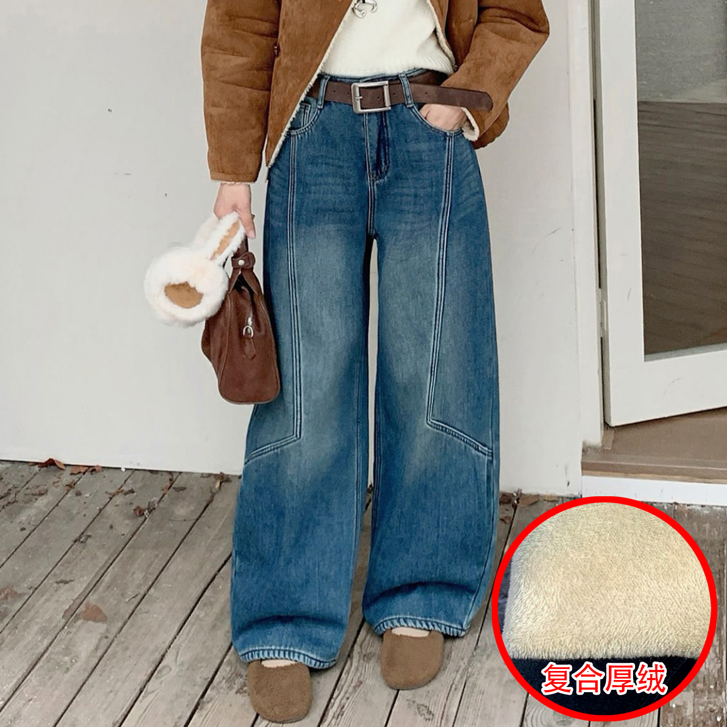 冬新款复合绒百搭女牛仔弯刀跨裤