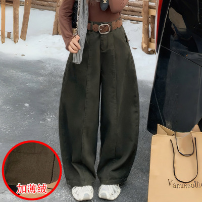 冬军绿色宽松阔腿弯刀裤牛仔跨裤