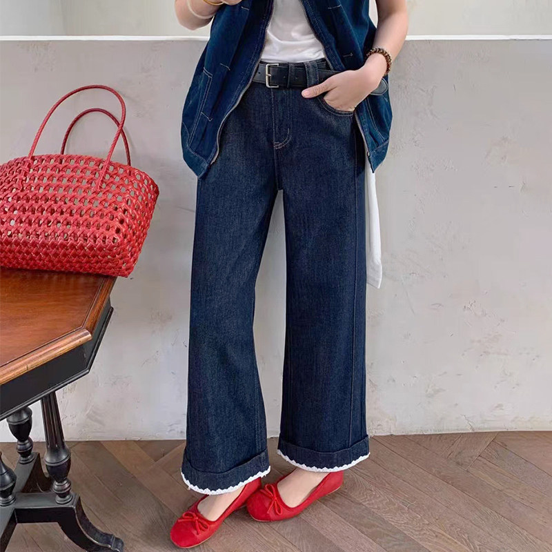 2026春新款jeans阿凡牛3983丹宁蓝蕾丝卷边九分女牛仔直筒阔腿裤