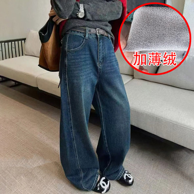 秋冬底抓毛薄绒女牛仔弯刀裤筒裤