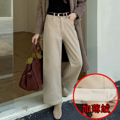 秋冬底抓毛薄绒女牛仔直筒奶奶裤
