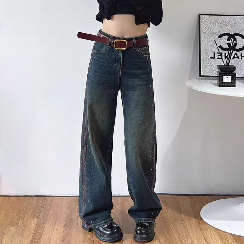 2026春款Jeans阿凡牛A3549时尚烫钻宽松显瘦个性女牛仔直筒阔腿裤
